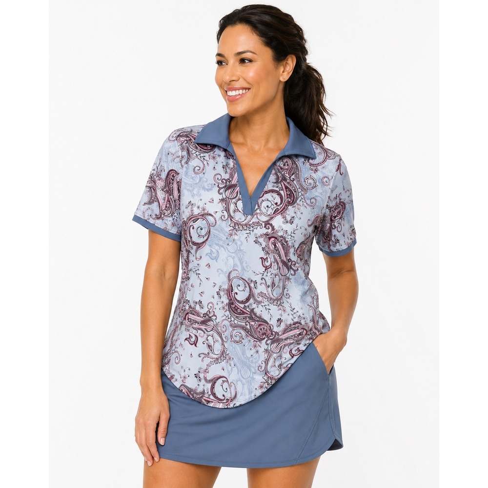 Sofibella Womens Paisley Short Sleeve Golf Polo V-Neck Blue Pink XL 2084 DPA